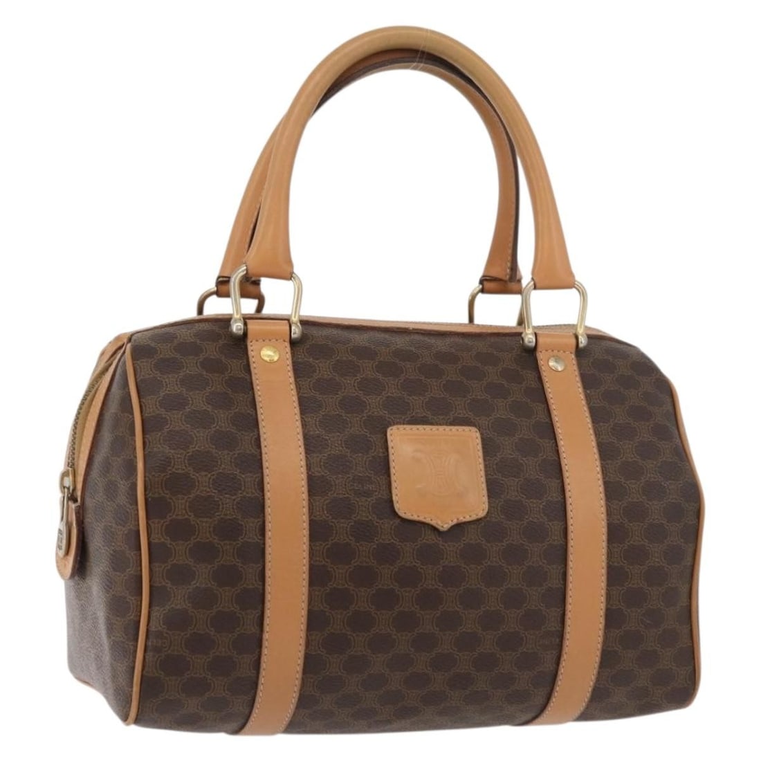 CELINE Macadam Canvas PVC Leather Brown Gold Boston Bag Italy: CELINE Macadam Canvas PVC Leather Brown Gold Boston Bag Italy This CELINE Boston Bag features the signature Macadam canvas with PVC leather accents in brown and gold tones. Designed for women, it offe