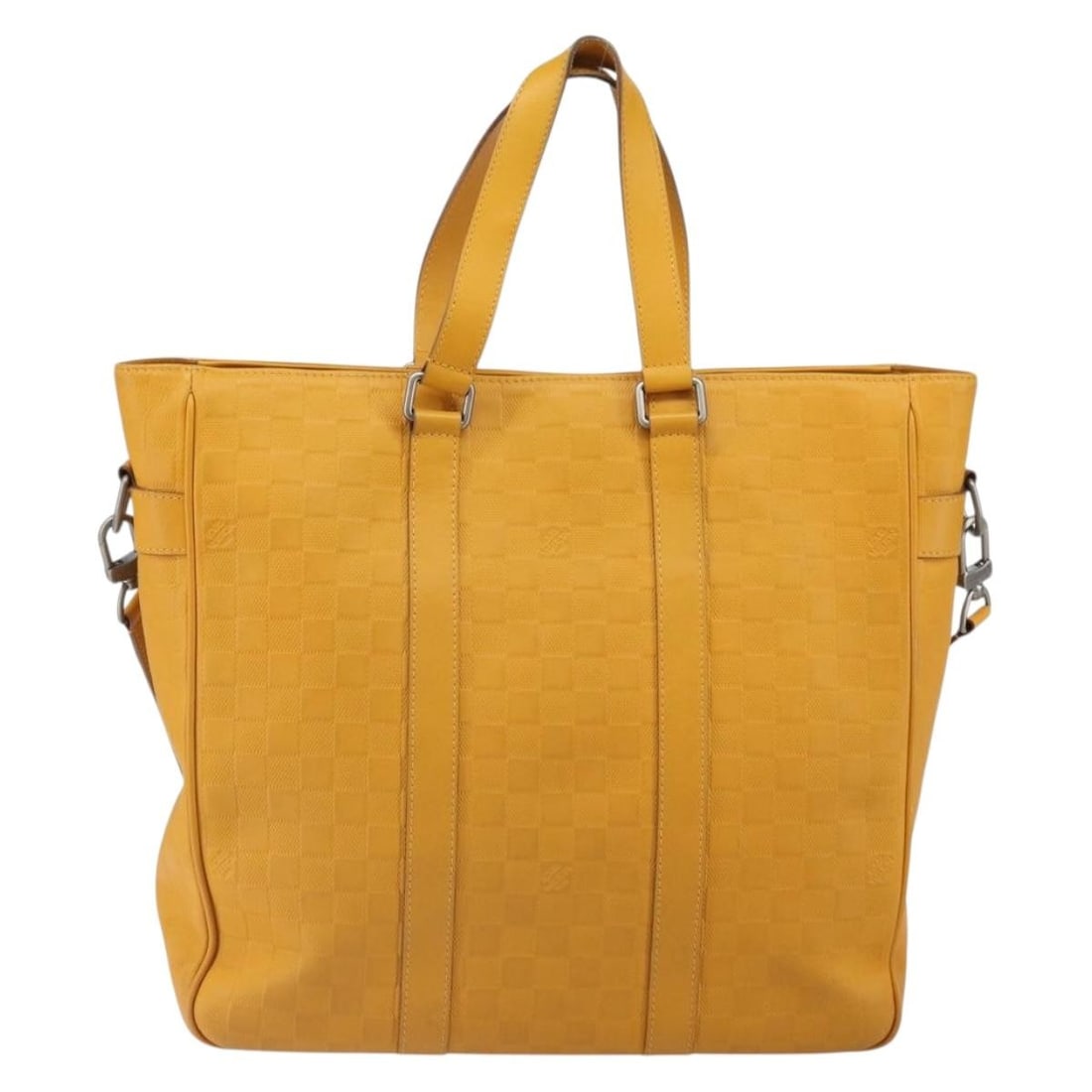 Tadao Yellow Leather Handbag by Louis Vuitton Damier Infini: Tadao Yellow Leather Handbag by Louis Vuitton Damier Infini This Louis Vuitton Tadao Handbag features Damier Infini leather in a vibrant yellow color. Designed for women, it offers both a handle and