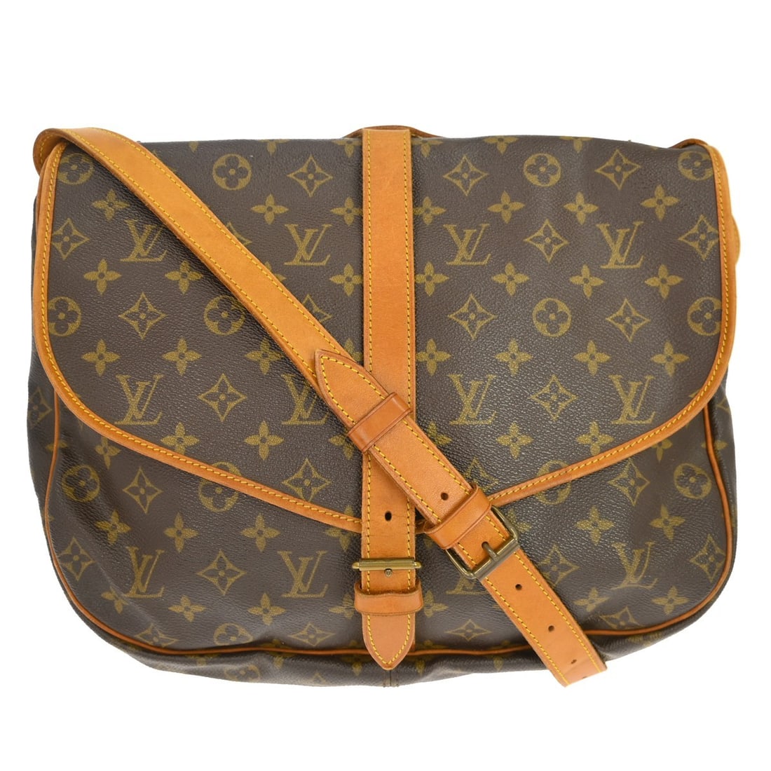 Louis Vuitton Saumur 35 Monogram Crossbody Shoulder Bag: Louis Vuitton Saumur 35 Monogram Crossbody Shoulder Bag This Louis Vuitton Saumur 35 shoulder bag features the iconic monogram canvas leather exterior with brown leather crossbody strap and buckle clo