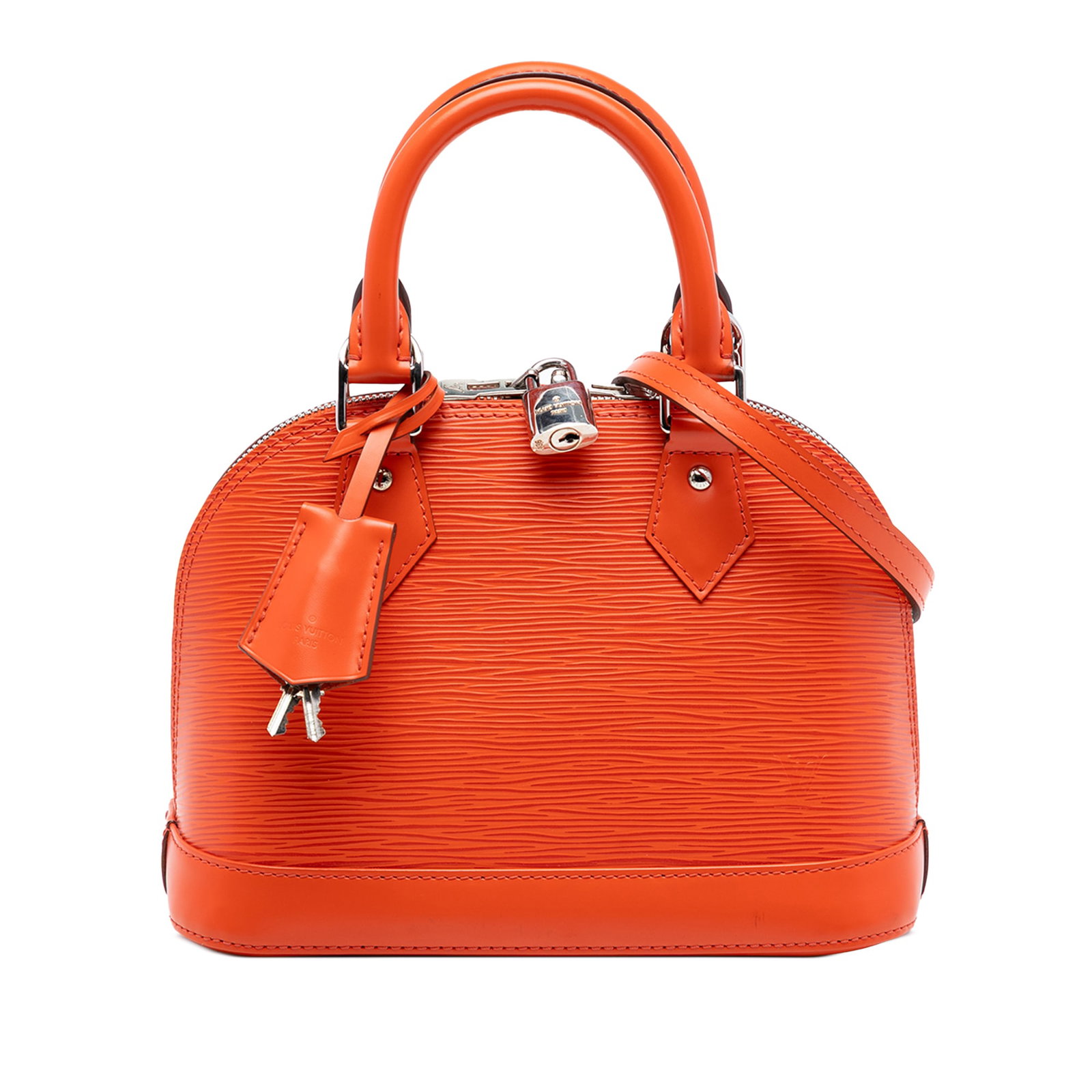 Louis Vuitton Alma BB Epi Leather Orange Bag: Louis Vuitton Alma BB Epi Leather Orange Bag This Louis Vuitton Epi Alma BB bag features an orange epi leather body, a clochette, rolled leather handles, a detachable strap, a zip-around closure, and 