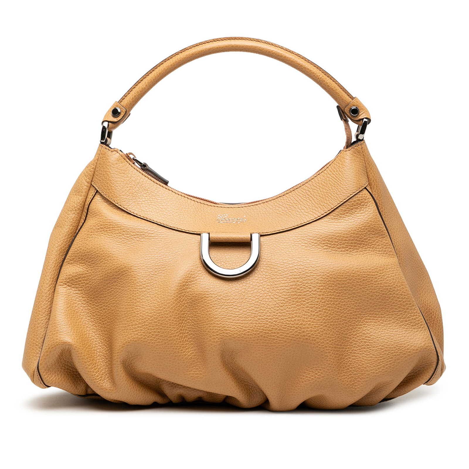 Gucci Abbey D Ring leather shoulder bag: Gucci Abbey D Ring leather shoulder bag This Gucci Abbey D-Ring shoulder bag is crafted from brown leather and features a rolled leather handle, a top zip closure, and an interior zip pocket. The bag 