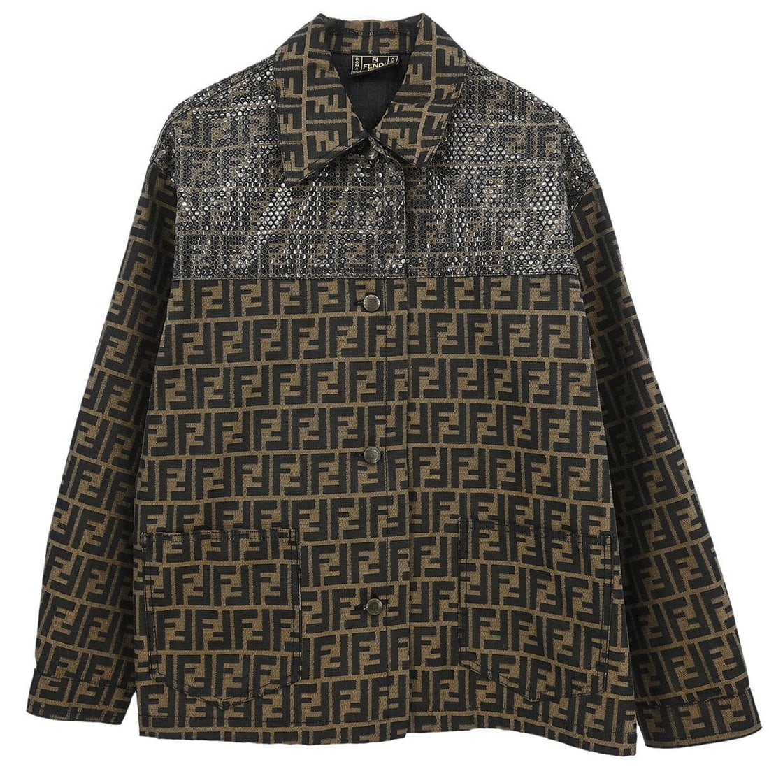 Fendi Vintage Brown Zucca Jacket D-HG-1234 Size 42: Fendi Vintage Brown Zucca Jacket D-HG-1234 Size 42 This Fendi jacket features a classic brown Zucca pattern, making it a stylish choice for casual occasions. It has long sleeves and a collared necklin