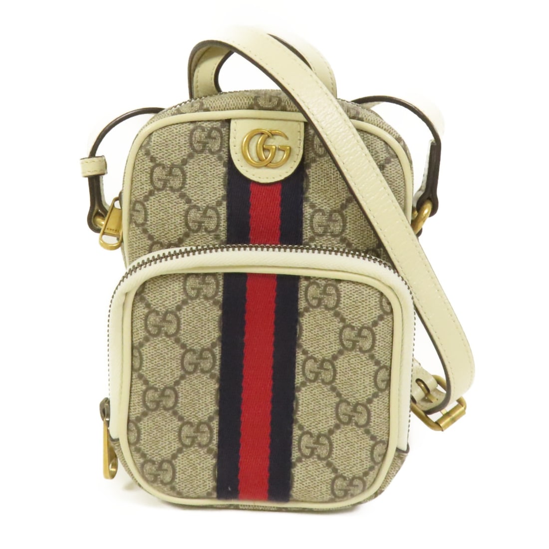 GUCCI Ophidia Mini GG Canvas Shoulder Bag 671682: GUCCI Ophidia Mini GG Canvas Shoulder Bag 671682 This is a GUCCI GG Ophidia mini shoulder bag crafted from GG canvas in a white and brown color scheme. Designed for women, it features a compact silhou