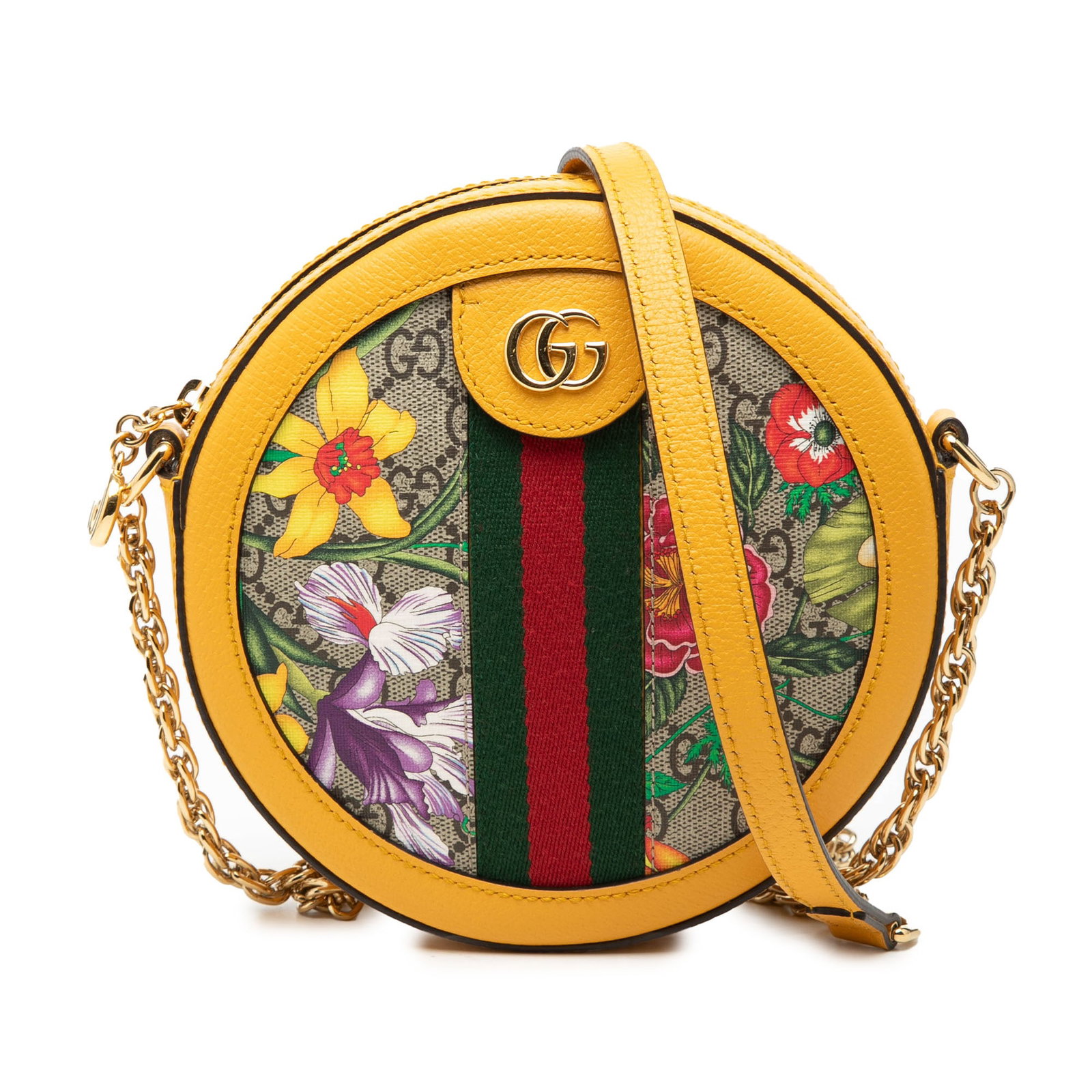 Gucci Ophidia Mini Round Crossbody Bag GG Supreme Flora: Gucci Ophidia Mini Round Crossbody Bag GG Supreme Flora This Gucci Mini GG Supreme Flora Ophidia Round Crossbody bag features a coated canvas body with leather trim and signature web detail. It is des