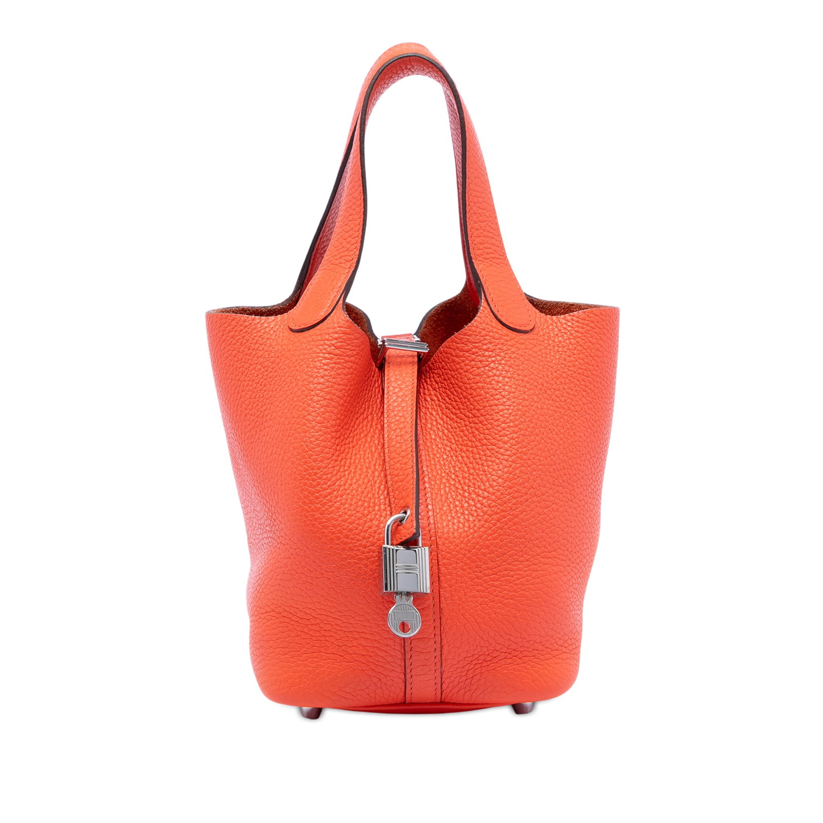 Orange Poppy Clemence Leather Picotin Lock 18 Bag by Hermes: Orange Poppy Clemence Leather Picotin Lock 18 Bag by Hermes The Hermes Clemence Picotin Lock 18 is crafted from Clemence leather in Orange Poppy color, featuring flat leather handles and an open top w