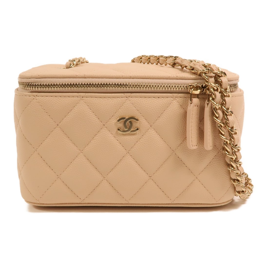 Chanel Vanity Case Pink Calfskin Shoulder Bag with Chain Gold Hardware: Chanel Vanity Case Pink Calfskin Shoulder Bag with Chain Gold Hardware This CHANEL CC Vanity Case Chain Shoulder Bag features a pink calfskin leather exterior and is designed as a compact shoulder bag