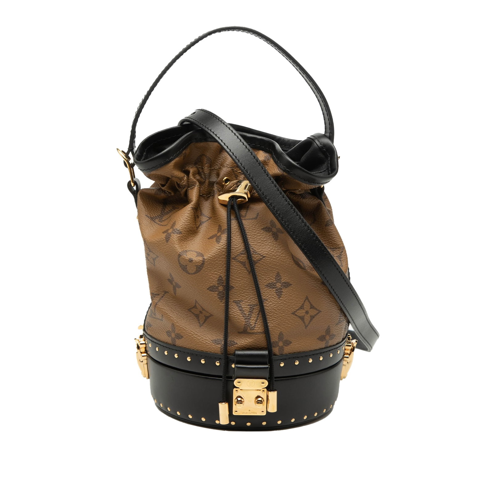 Louis Vuitton Monogram Reverse Petit Noe Trunk Bucket Bag: Louis Vuitton Monogram Reverse Petit Noe Trunk Bucket Bag This Louis Vuitton Monogram Reverse Petit Noe Trunk bucket bag features a monogram canvas body with leather trim, a flat leather top handle, a