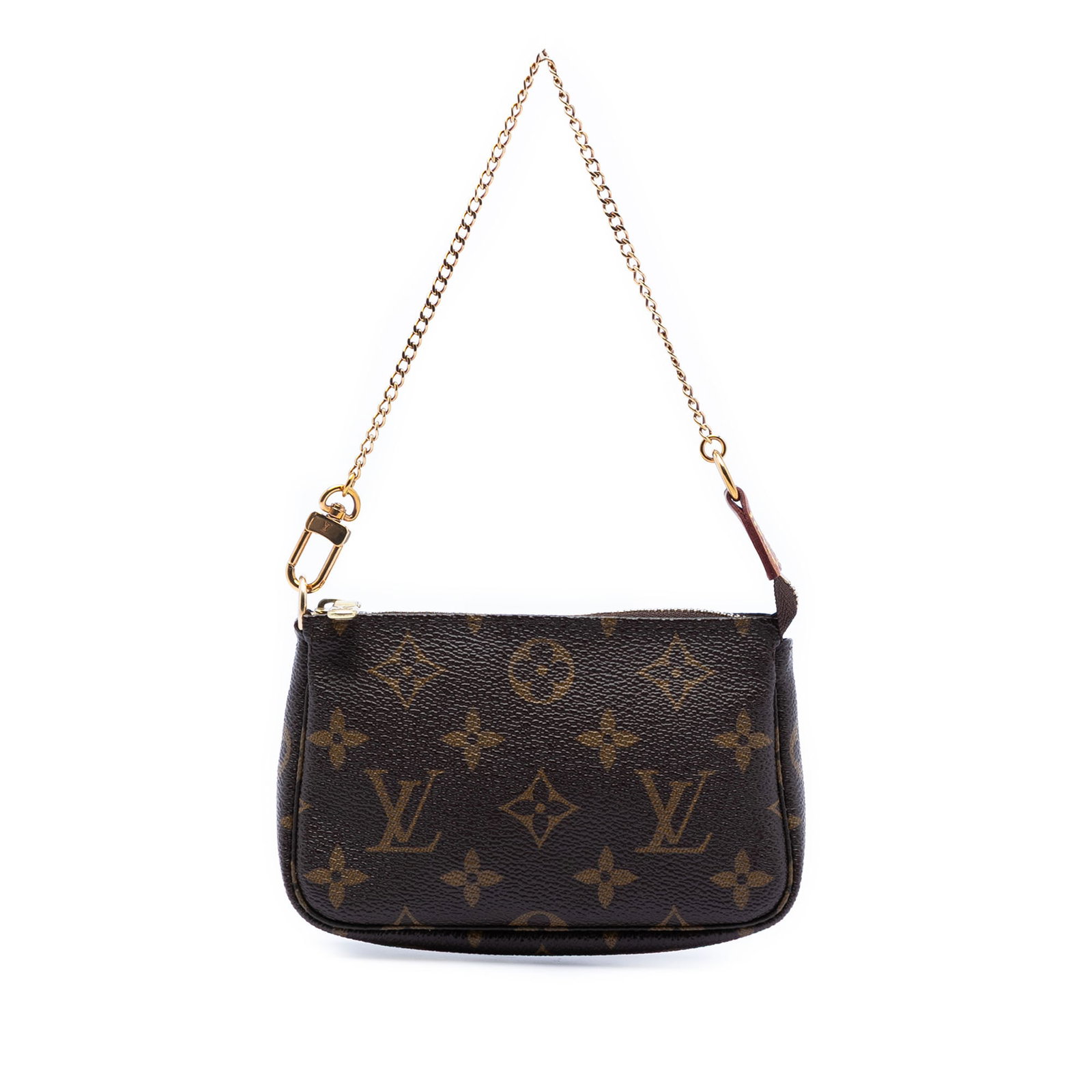 Louis Vuitton Mini Pochette Monogram Canvas Chain Strap Clutch: Louis Vuitton Mini Pochette Monogram Canvas Chain Strap Clutch This Louis Vuitton Mini Pochette Accessoires features a classic monogram canvas body with a chain-link strap and a top zip closure. The b