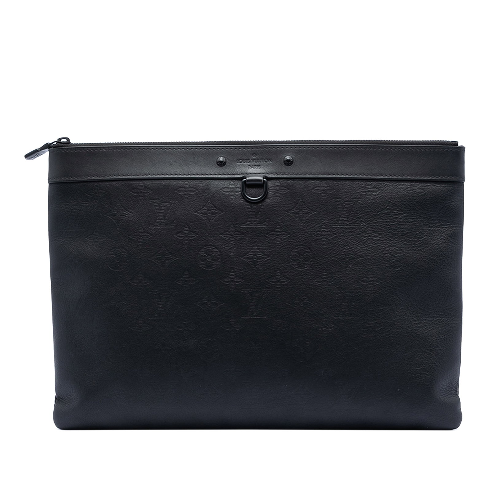 Louis Vuitton Discovery Pochette Black Leather Monogram Shadow: Louis Vuitton Discovery Pochette Black Leather Monogram Shadow This Louis Vuitton Monogram Shadow Discovery Pochette is crafted from black leather and features a sleek top zip closure and an interior 
