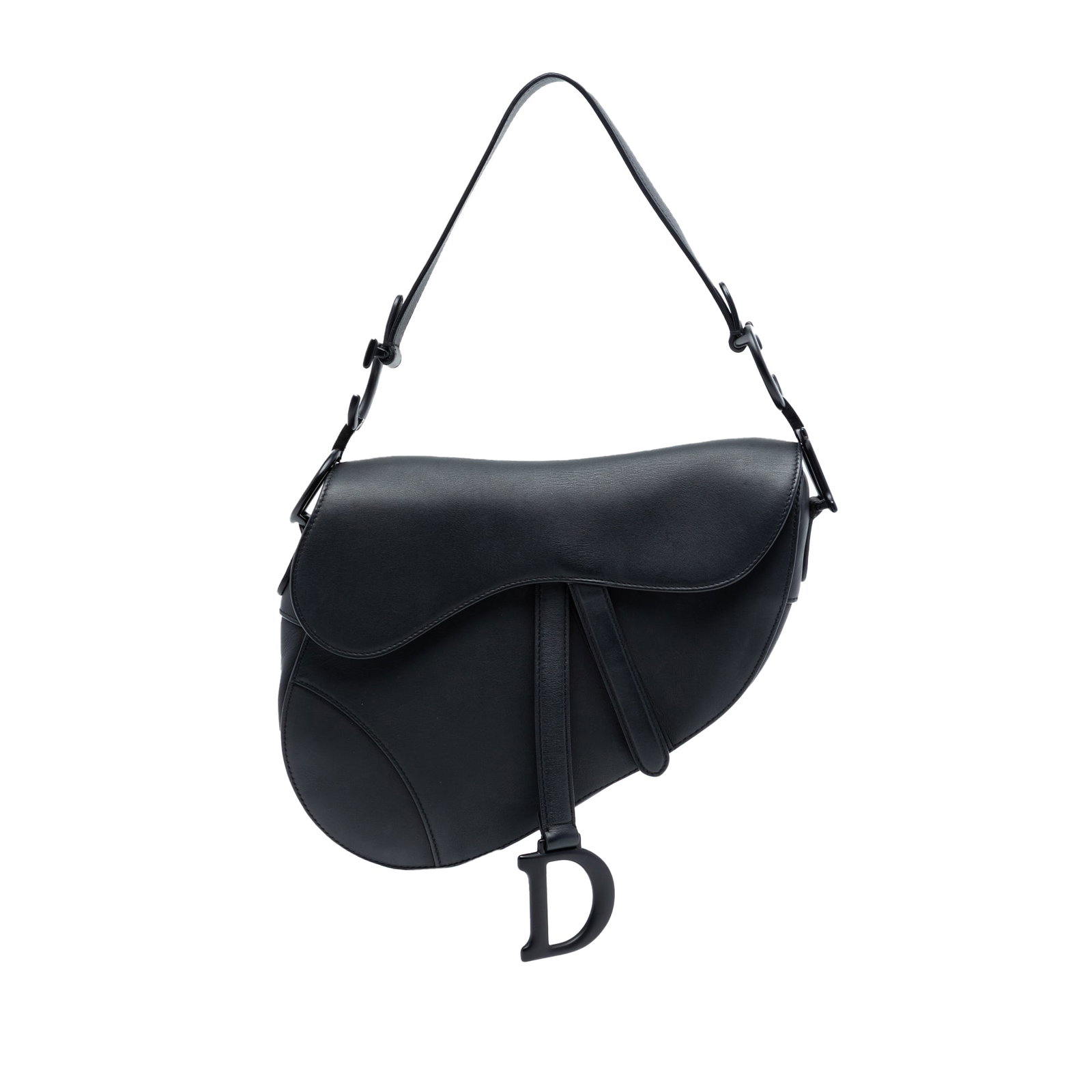 Dior Black Leather Ultra Matte Saddle Shoulder Bag: Dior Black Leather Ultra Matte Saddle Shoulder Bag This Dior Ultra Matte Calfskin Saddle Bag showcases a contemporary silhouette crafted in black leather. It features a flat leather handle, a distinct