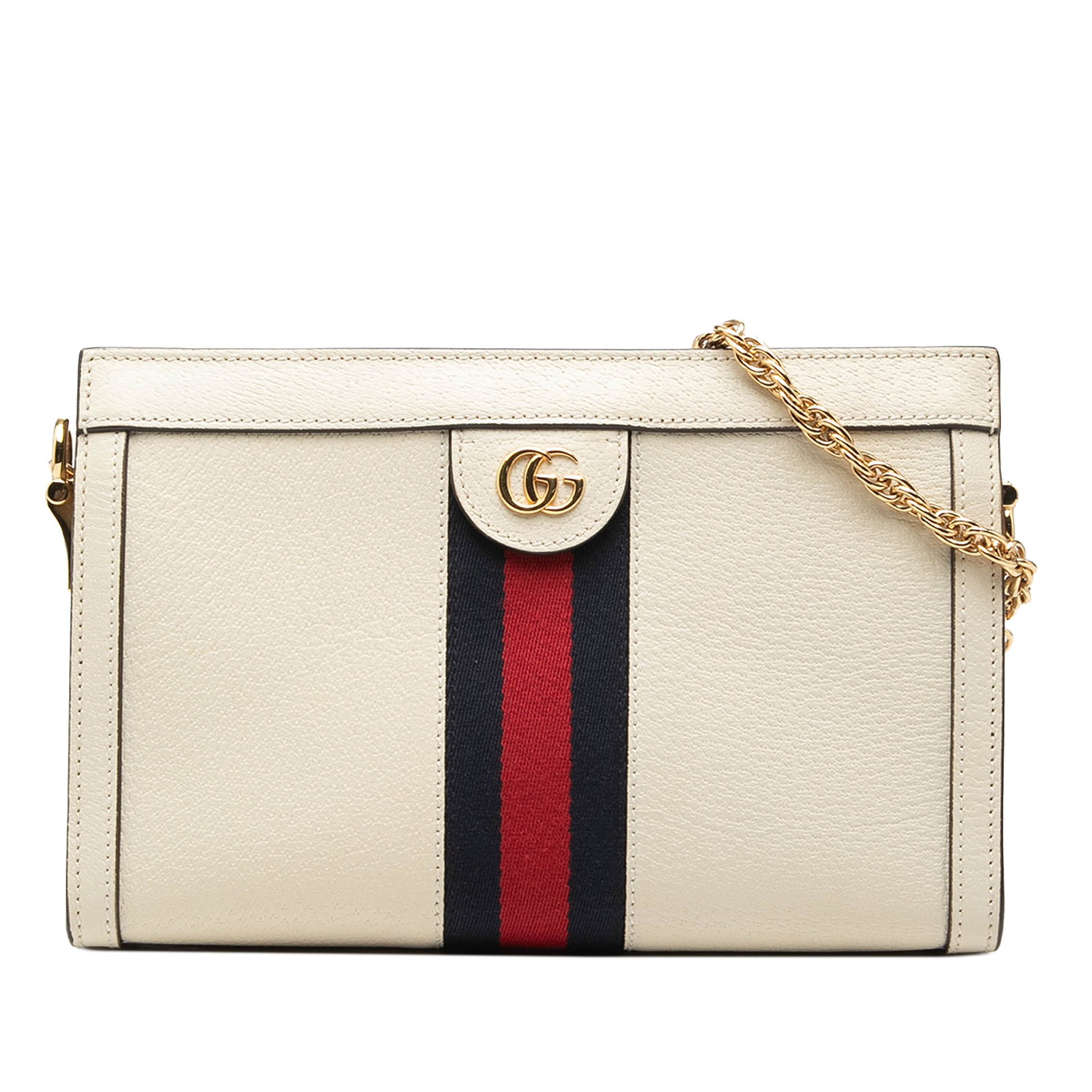 Gucci Ophidia White Leather Chain Crossbody Bag: Gucci Ophidia White Leather Chain Crossbody Bag This Gucci Small Calfskin Web Ophidia Chain Crossbody bag features a leather body with signature web canvas trim, a chain link shoulder strap, magnetic 