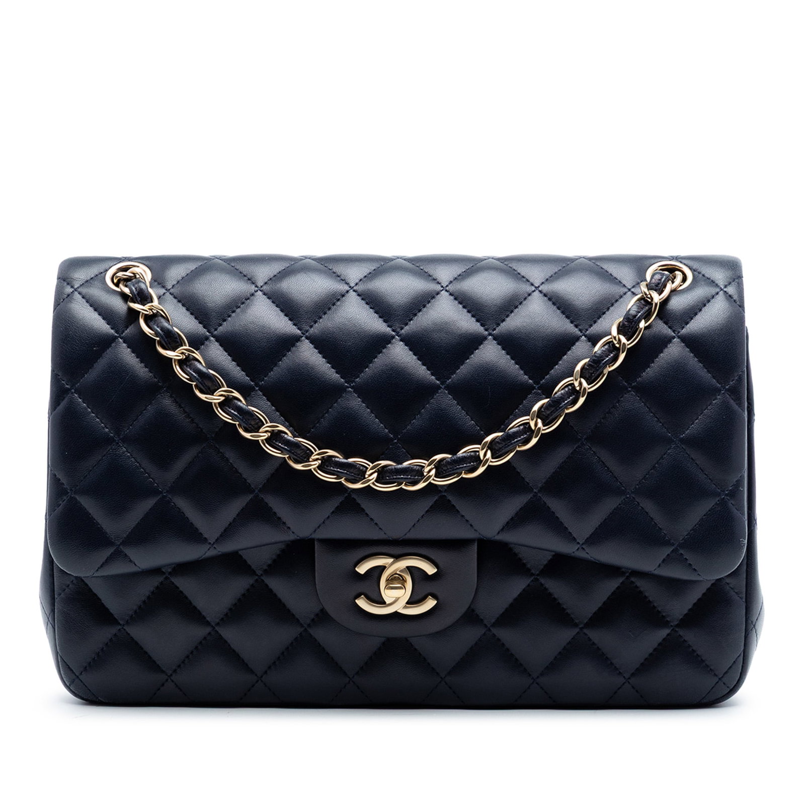 Chanel blue lambskin quilted flap shoulder bag Jumbo Classic: Chanel blue lambskin quilted flap shoulder bag Jumbo Classic This Chanel Jumbo Classic Lambskin Double Flap shoulder bag features a quilted lambskin leather body in blue, an exterior back slip pocket,