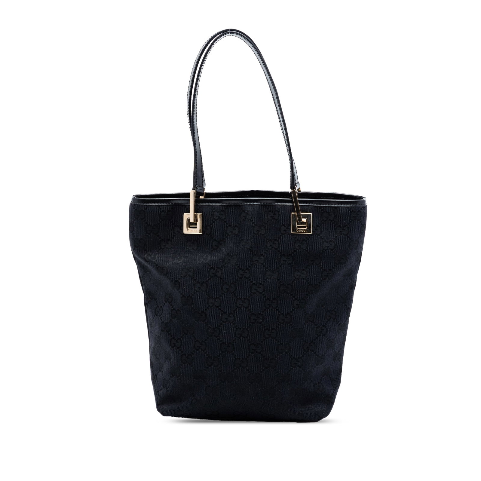 Black Gucci GG Canvas fabric tote with leather trim: Black Gucci GG Canvas fabric tote with leather trim This Gucci GG Canvas Tote features a durable canvas body with leather trim and flat leather straps. It has an open top design for easy access and in