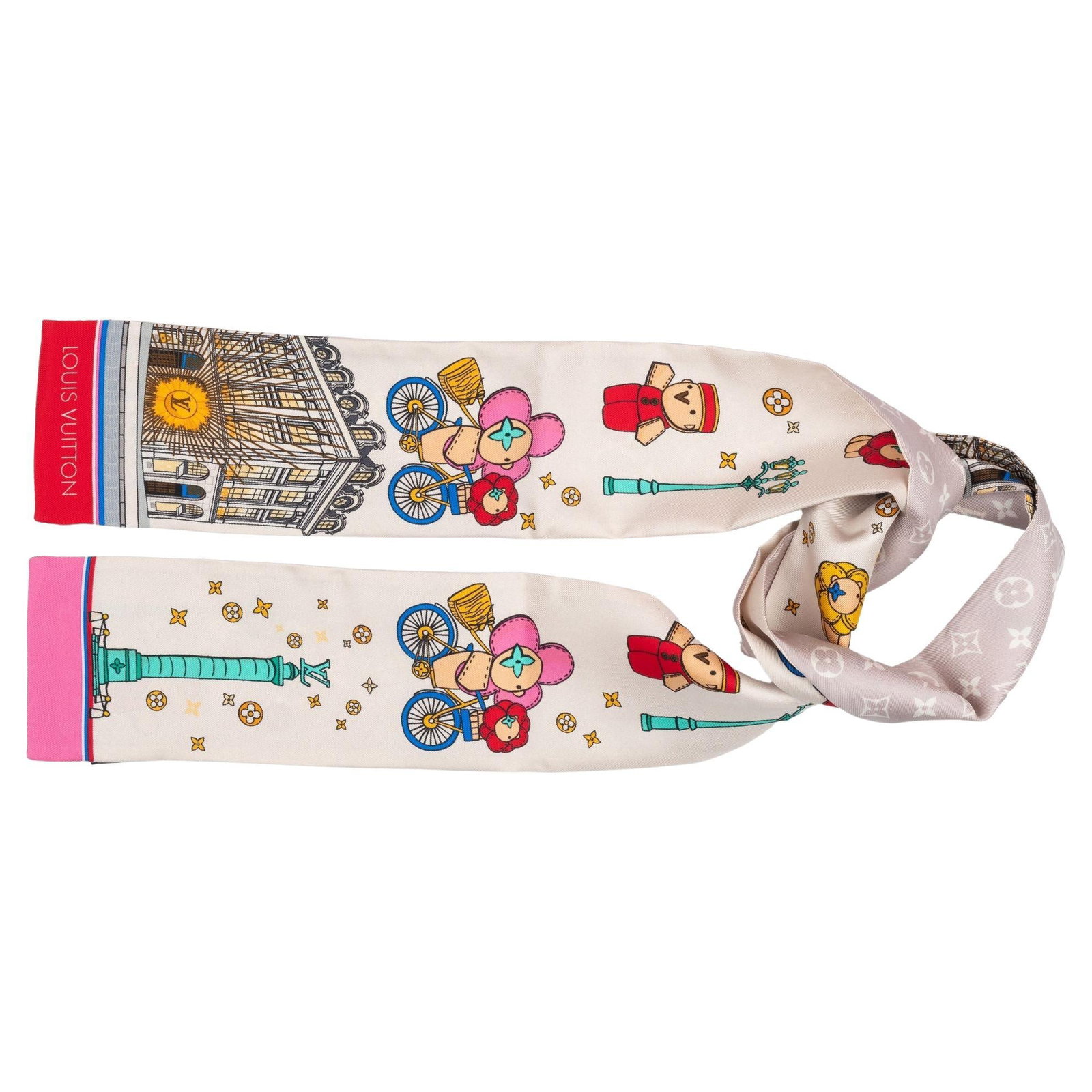 Louis Vuitton Bandeau Vivienne Paris New in Box 3.25 x 46 Inches: Louis Vuitton Bandeau Vivienne Paris New in Box 3.25 x 46 Inches Introducing the Louis Vuitton Bandeau Vivienne Paris, a delightful piece showcasing the brand's beloved mascot as it cycles through