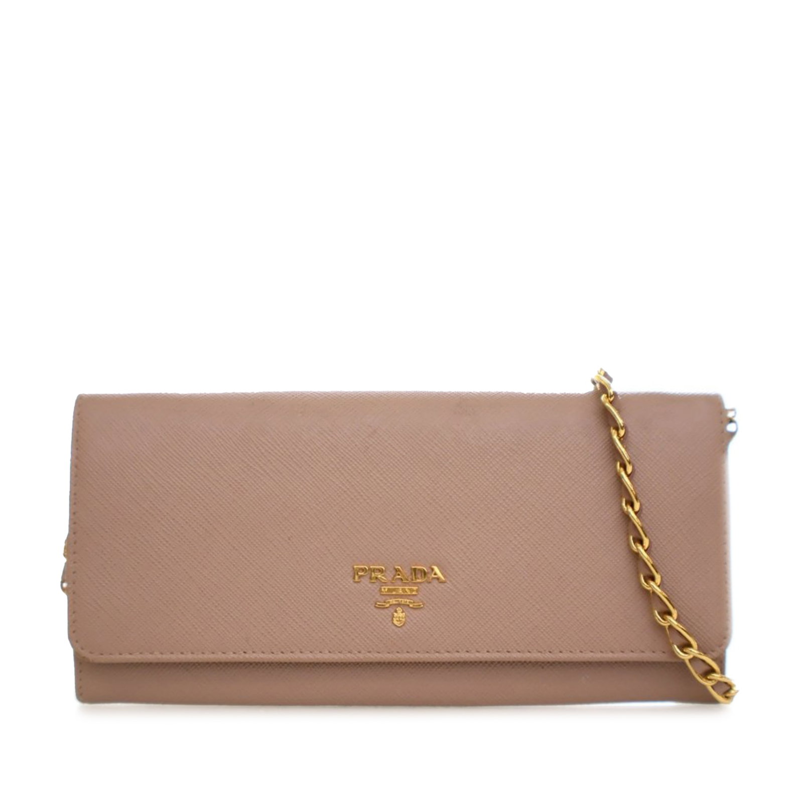 Prada Saffiano leather wallet on chain brown flap strap: Prada Saffiano leather wallet on chain brown flap strap This Prada Saffiano Wallet on Chain is crafted from brown saffiano leather and features a leather-woven chain strap. The design includes a front
