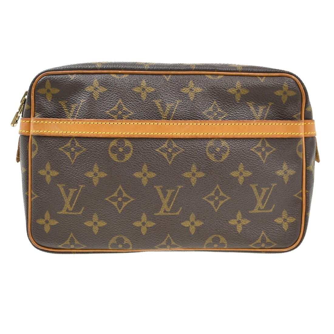 Louis Vuitton Monogram Clutch Bag Compiegne 23 Brown Leather: Louis Vuitton Monogram Clutch Bag Compiegne 23 Brown Leather This is a vintage Louis Vuitton Compiegne 23 clutch bag featuring the iconic monogram canvas exterior with brown leather trim. The bag has 
