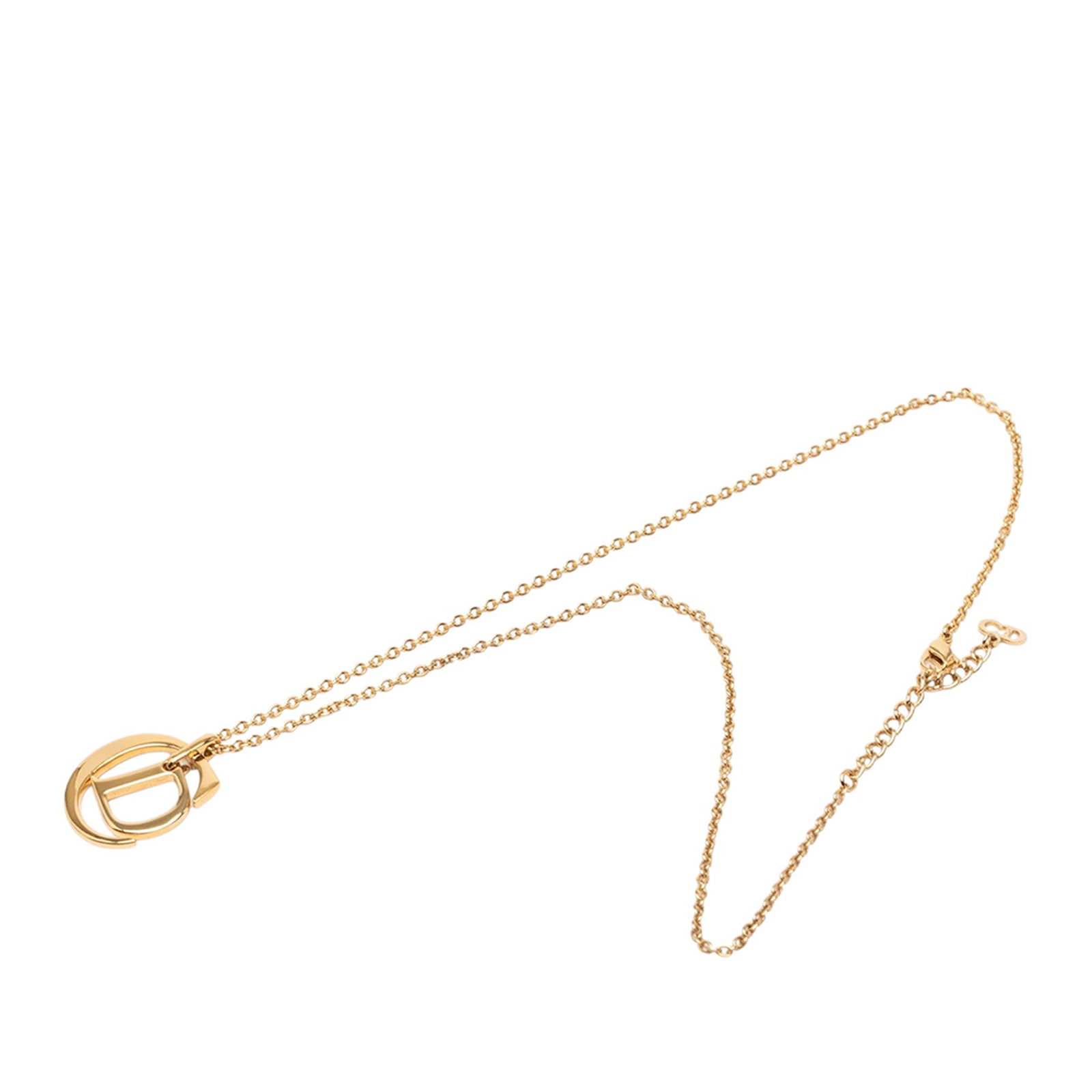 Dior logo pendant gold plated chain necklace: Dior logo pendant gold plated chain necklace This Dior necklace features a gold plated metal chain with a signature CD logo pendant and a secure lobster clasp closure. The piece is categorized as cost