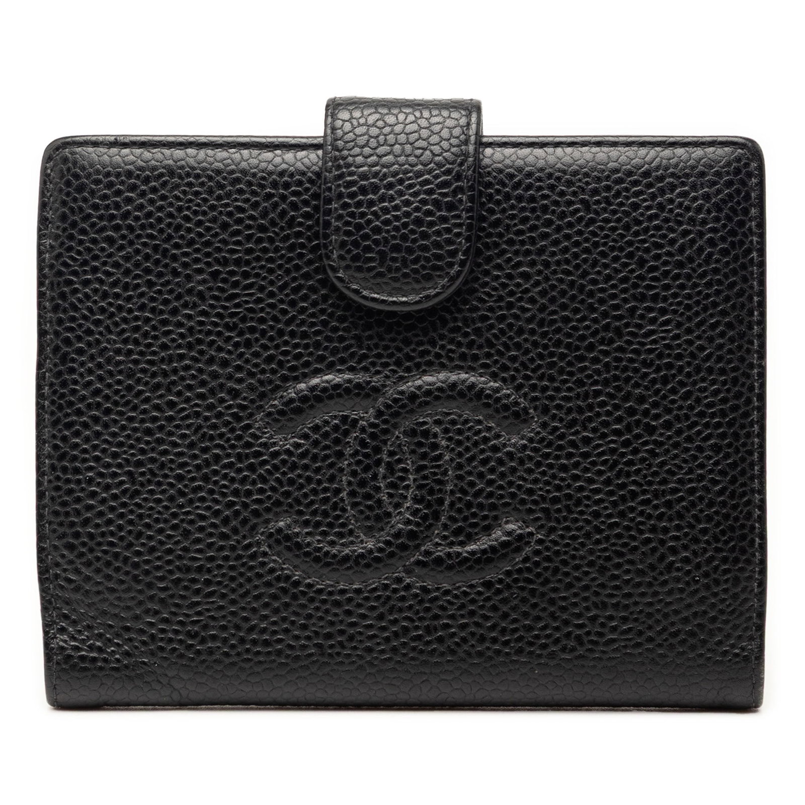 Chanel French Wallet in Caviar Leather Black: Chanel French Wallet in Caviar Leather Black This Chanel CC Caviar French Wallet is crafted from durable caviar leather in classic black. The compact design features a front flap with a snap button cl