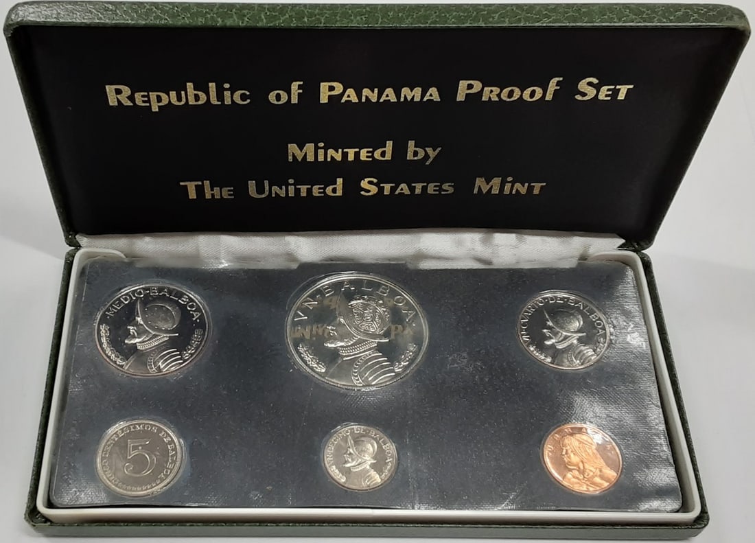 Six-Coin 1974 Panama Proof Set in Case Silver and Copper-Nickel Uncirculated: Six-Coin 1974 Panama Proof Set in Case Silver and Copper-Nickel Uncirculated This 1974 Republic of Panama proof coin set features six GEM coins, ranging in denomination from 1 Centesimo to 1 Balboa. T