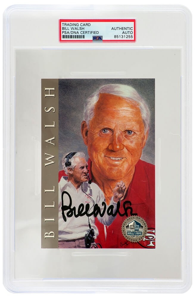 Bill Walsh Signed 4x6 Hall of Fame Card PSA Encapsulated San Francisco 49ers: Bill Walsh Signed 4x6 Hall of Fame Card PSA Encapsulated San Francisco 49ers This is a Bill Walsh signed Pro Football Hall of Fame Signature Series 4x6 card. Bill Walsh is a celebrated figure in NFL h