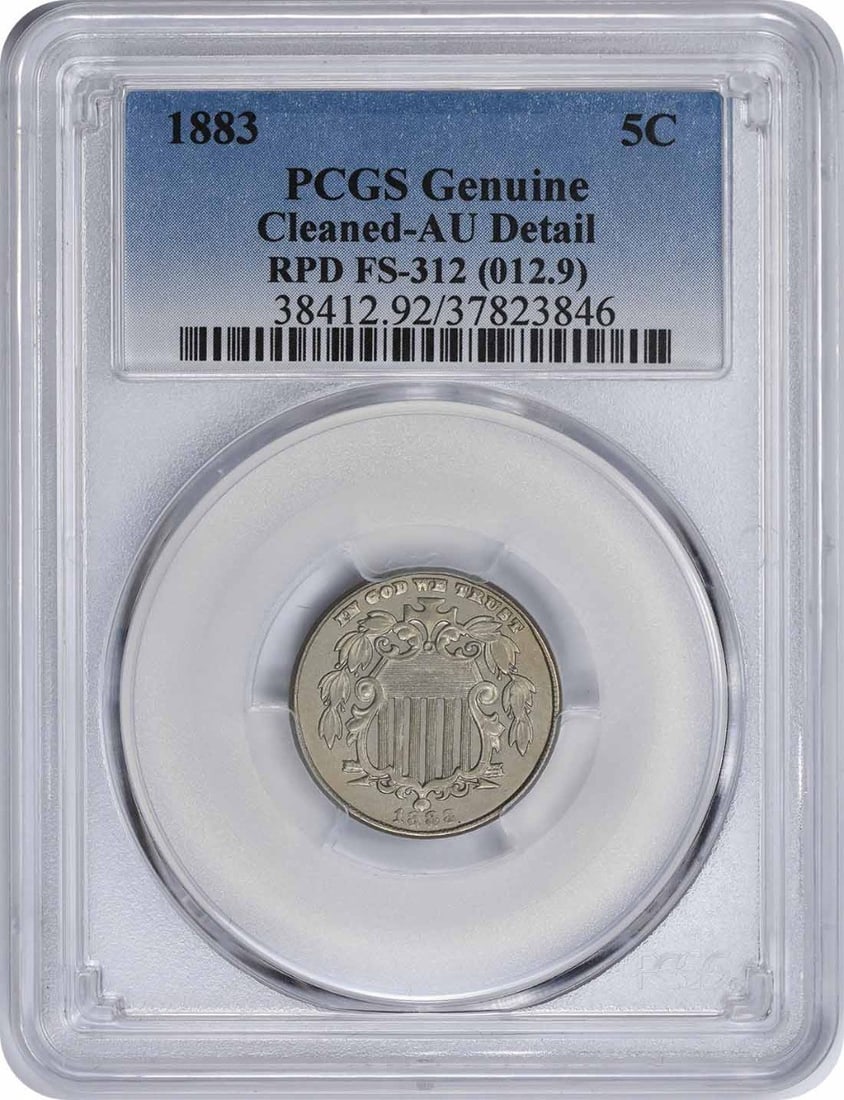 1883 Shield Nickel RPD FS-312 AU Certified PCGS Coin: 1883 Shield Nickel RPD FS-312 AU Certified PCGS Coin This 1883 Shield Nickel is certified by PCGS with the designation AU (About Uncirculated). It features a unique RPD (Repunched Date) FS-312. Minted