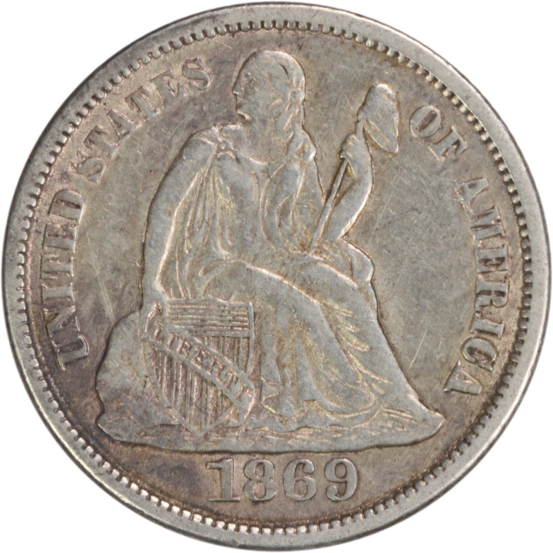 1869-S Liberty Seated Silver Dime 10C by Christian Gobrecht: 1869-S Liberty Seated Silver Dime 10C by Christian Gobrecht This 1869-S Liberty Seated Silver Dime is a remarkable piece of numismatic history, featuring an exquisite design by Christian Gobrecht. Wit