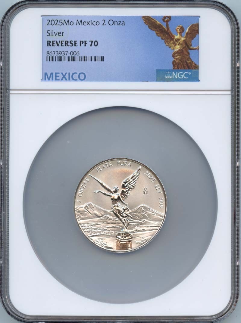 2025 Mexico 2 Onza Libertad Silver NGC PF70 Reverse Proof: 2025 Mexico 2 Onza Libertad Silver NGC PF70 Reverse Proof This 2025 Mo Mexico 2 Onza Libertad Silver coin is a low mintage reverse proof issue, certified by NGC with a grade of PF70. The coin is uncir