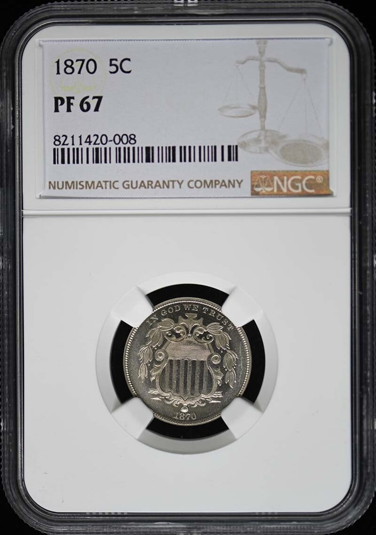 1870 Shield Nickel NGC PR67 Uncirculated Coin Certified: 1870 Shield Nickel NGC PR67 Uncirculated Coin Certified This exquisite 1870 Shield Nickel is certified by NGC with a remarkable PR67 grade, indicating its pristine uncirculated condition. Struck in Ph