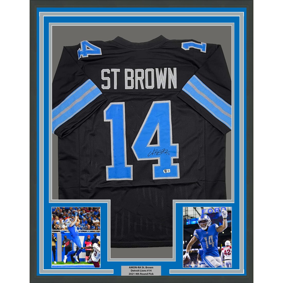 Amon-Ra St. Brown Signed Detroit Lions Jersey Framed 35x39 Beckett Authenticated: Amon-Ra St. Brown Signed Detroit Lions Jersey Framed 35x39 Beckett Authenticated This is a professionally framed and matted Detroit Lions black jersey autographed by Amon-Ra St. Brown. The display inc