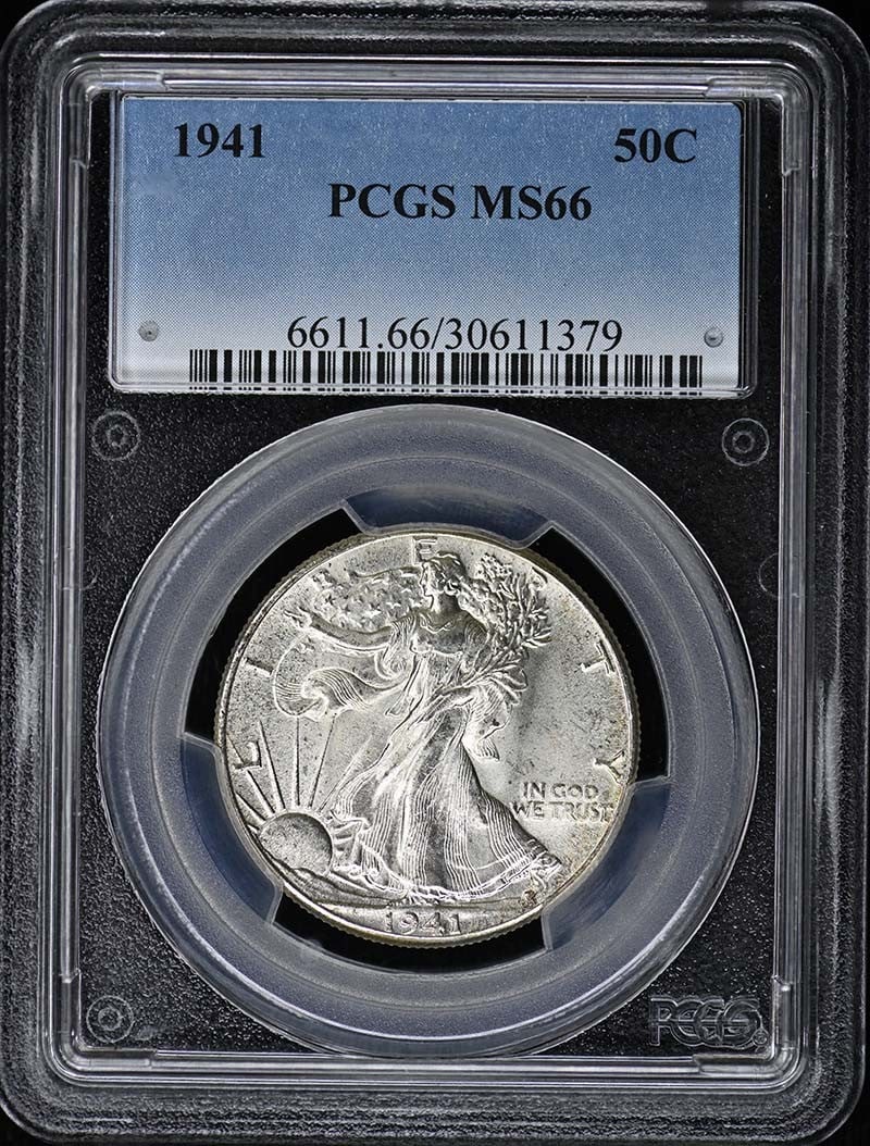 PCGS MS66 1941 Walking Liberty Half Dollar 50C: PCGS MS66 1941 Walking Liberty Half Dollar 50C This 1941 Walking Liberty Half Dollar is certified by PCGS with a grade of MS66, indicating an uncirculated coin in excellent condition. Minted in Philad