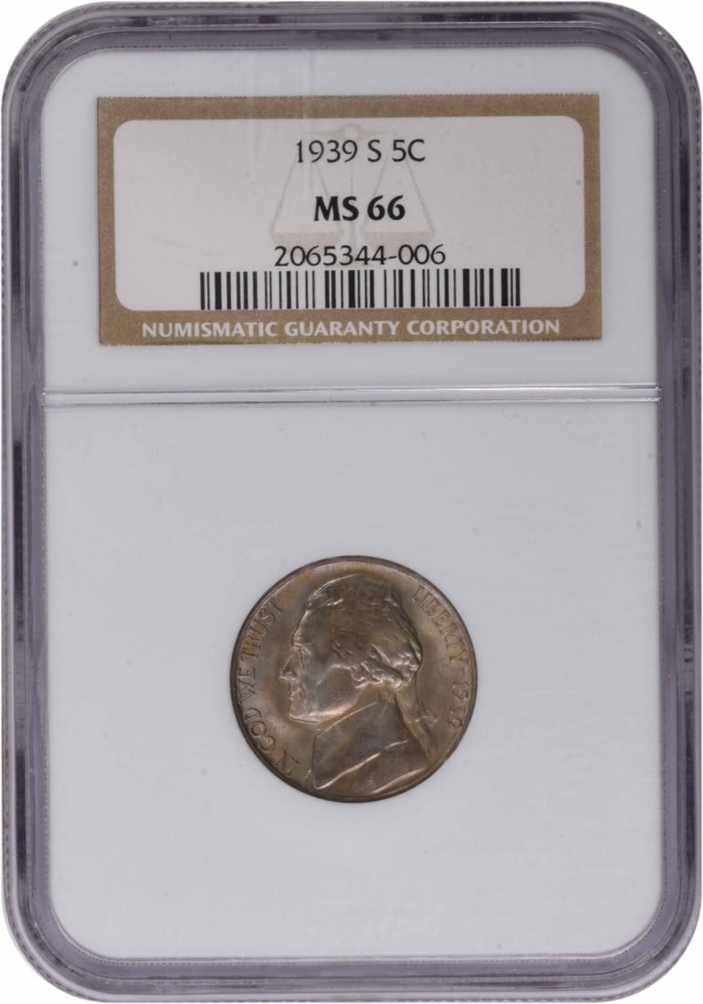 NGC MS66 1939-S Jefferson Five Cent Coin Reverse 1938 Variety (1 of 2)