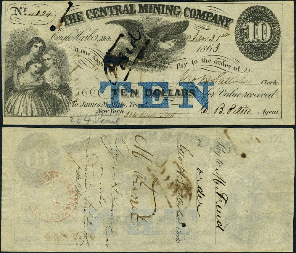 1863 Central Mining Co $10 Eagle Harbor Michigan Obsolete Note: 1863 Central Mining Co $10 Eagle Harbor Michigan Obsolete Note This is a $10 obsolete currency note issued by The Central Mining Co. of Eagle Harbor, Michigan in 1863. The note features original paper