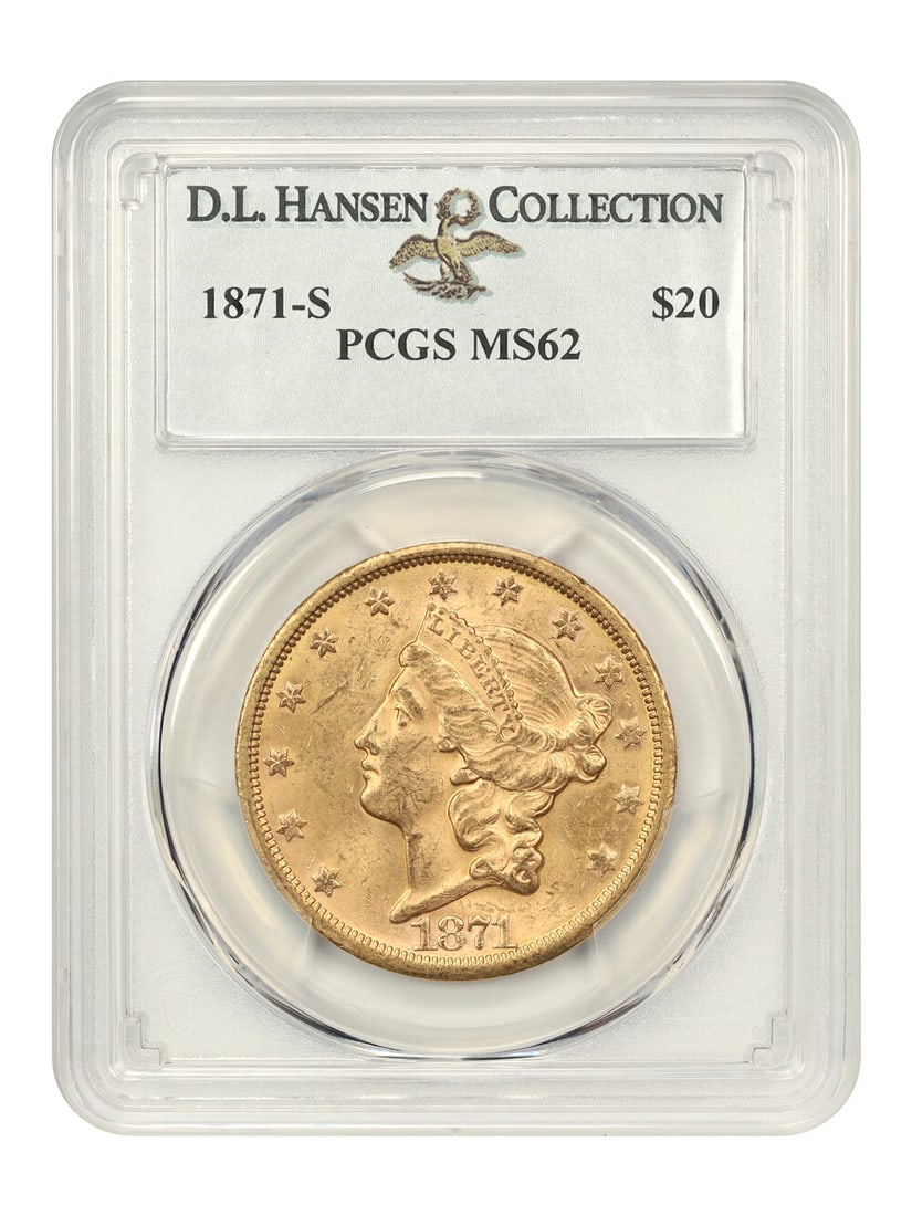1871-S $20 Liberty Head Gold Coin PCGS MS62 Uncirculated: 1871-S $20 Liberty Head Gold Coin PCGS MS62 Uncirculated This 1871-S $20 Liberty Head gold coin is certified by PCGS with a grade of MS62, indicating it is in uncirculated condition. Struck at the San