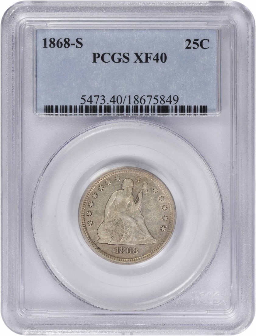 PCGS EF40 1868 San Francisco Seated Liberty Quarter 90 Silver United States Coin (1 of 4)