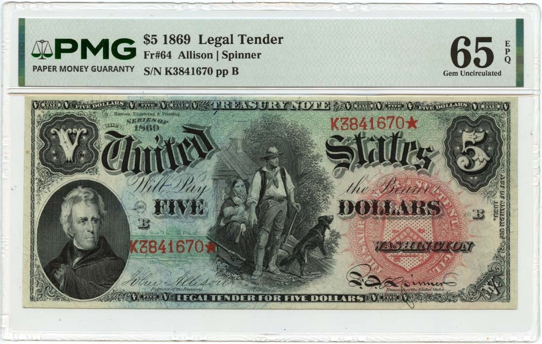 1869 United States 5 Dollar Legal Tender Note PMG GEM 65 EPQ (1 of 2)