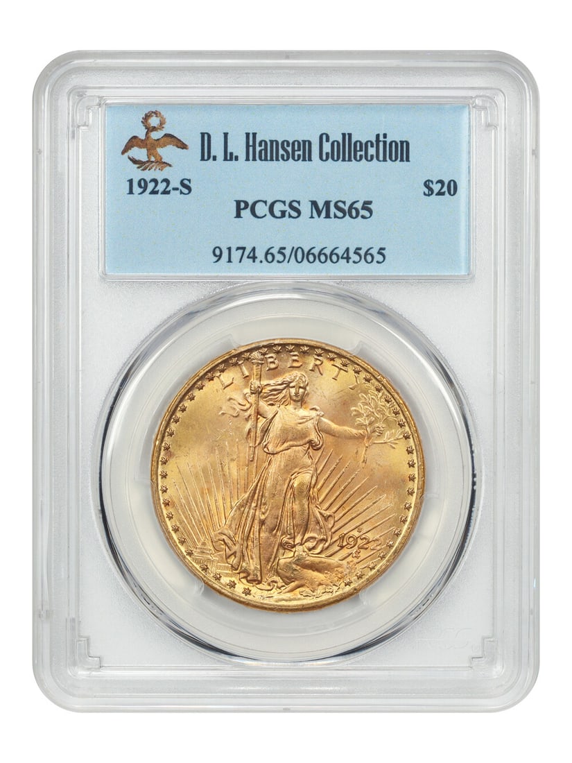 1922-S St. Gaudens $20 Coin PCGS MS65 Uncirculated Gem: 1922-S St. Gaudens $20 Coin PCGS MS65 Uncirculated Gem This stunning 1922-S $20 gold coin, certified by PCGS with a grade of MS65, showcases exquisite detail and vibrant coloration. Minted in San Fran