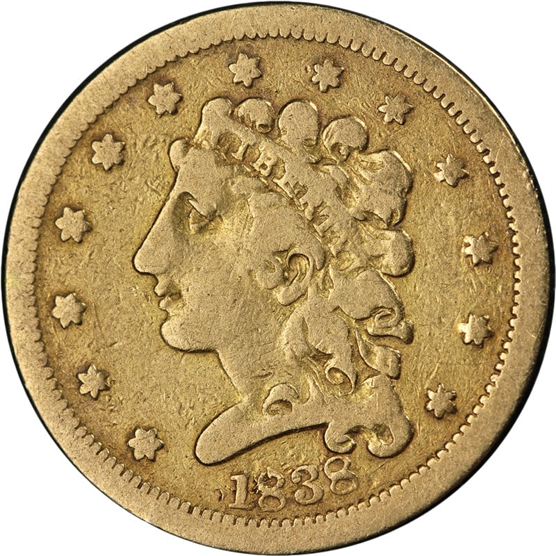 1838 Philadelphia Mint Classic Head $2.50 Gold Coin Fine Grade: 1838 Philadelphia Mint Classic Head $2.50 Gold Coin Fine Grade This 1838-P Classic Head Gold $2.50 coin from the United States features a fine grade with attractive eye appeal and a well-executed stri