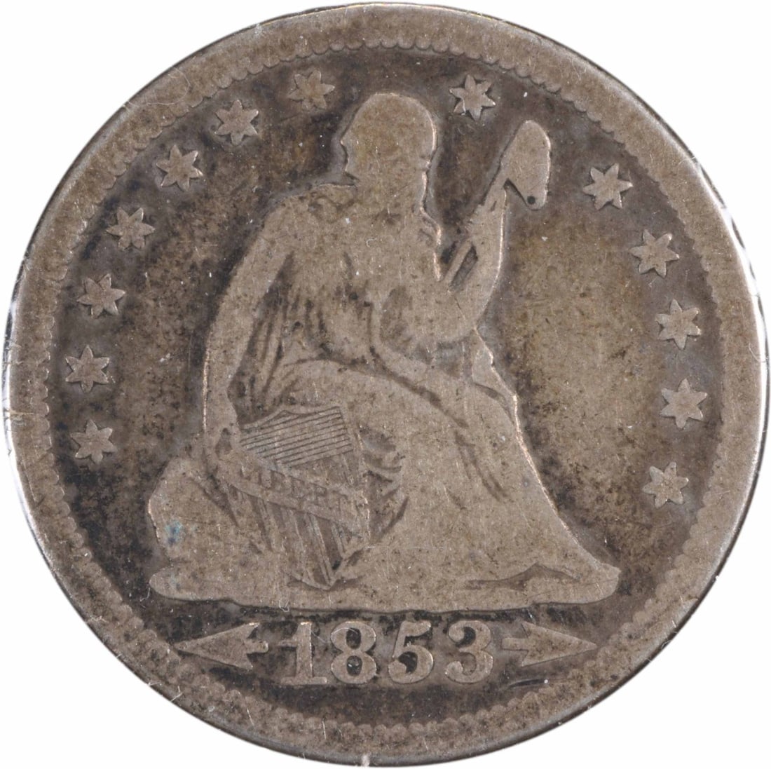 1853-O Liberty Seated Quarter Arrows Rays 90% Silver Uncertified: 1853-O Liberty Seated Quarter Arrows Rays 90% Silver Uncertified This 1853-O Liberty Seated Quarter features the Arrows and Rays design, showcasing the artistry of designers Robert Ball Hughes and Chr