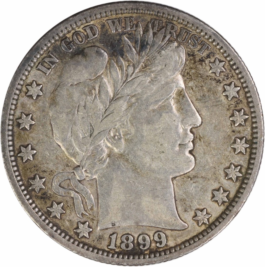 1899 New Orleans Barber Half Dollar 90 Percent Silver VF Grade Uncertified: 1899 New Orleans Barber Half Dollar 90 Percent Silver VF Grade Uncertified This 1899-O Barber Silver Half Dollar was minted in New Orleans and is composed of 90% silver and 10% copper. Designed by Cha