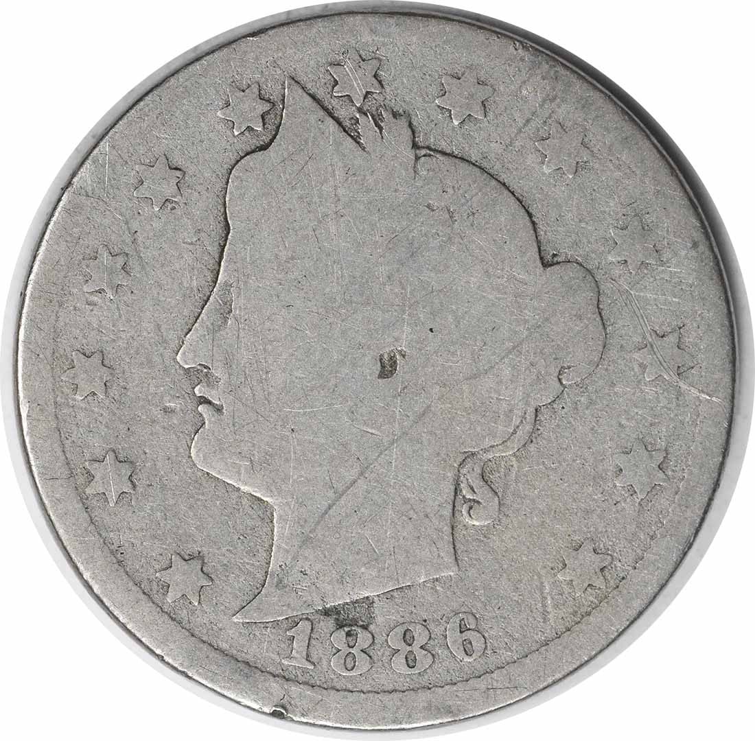 1886 Liberty 5C Nickel Coin Grade G Uncertified: 1886 Liberty 5C Nickel Coin Grade G Uncertified This is an 1886 Liberty Nickel from the United States. The coin is composed of nickel and features the classic Liberty design. It is in circulated condi