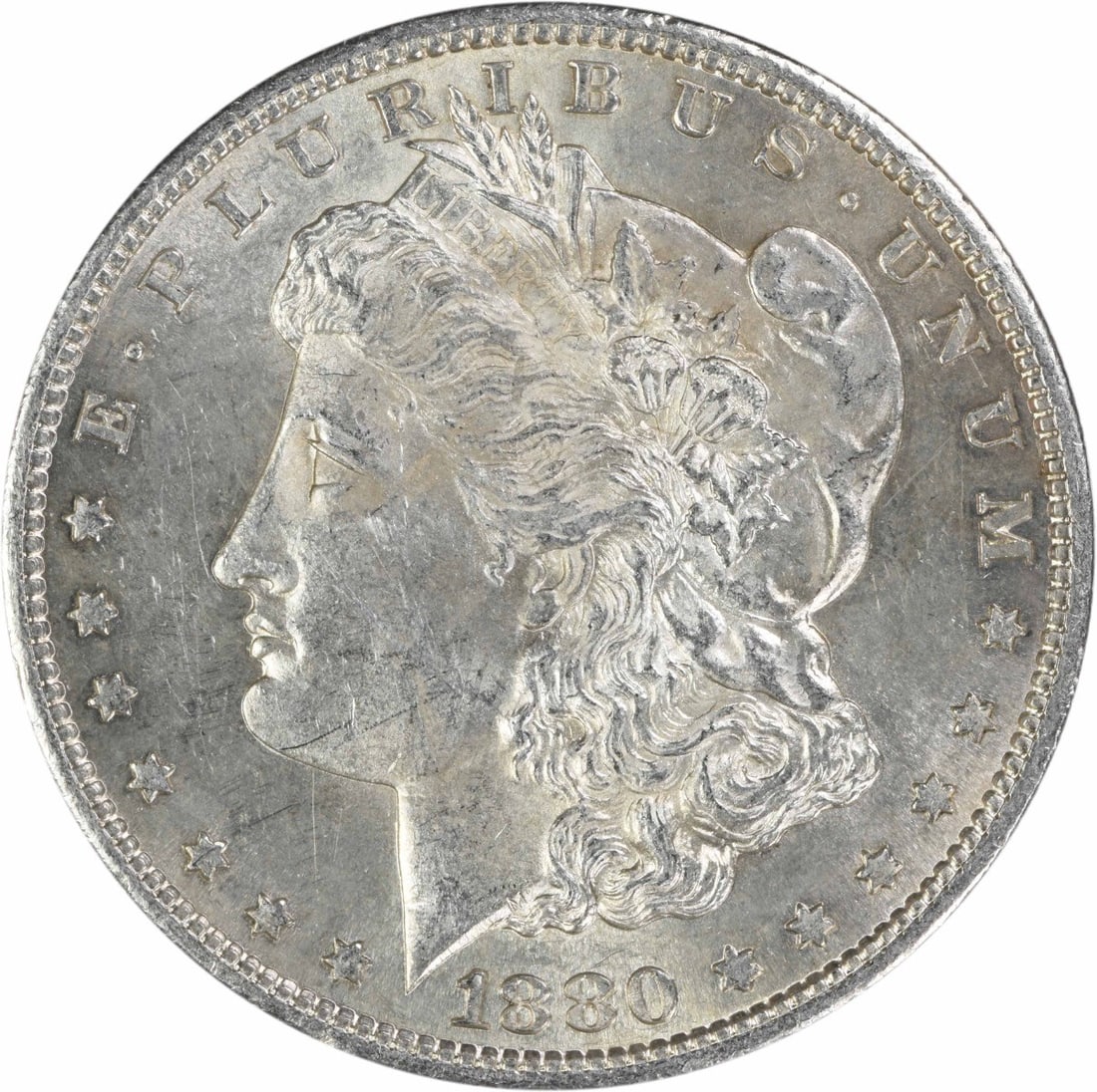 1880 San Francisco Morgan dollar AU uncertified silver coin: 1880 San Francisco Morgan dollar AU uncertified silver coin This is an 1880-S Morgan Silver Dollar from the United States, designed by George T. Morgan. The coin is composed of 90% silver and 10%