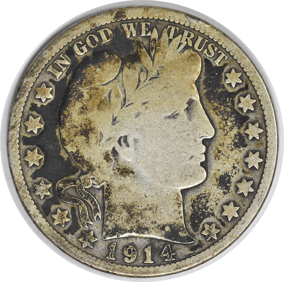 1914 Barber Silver Half Dollar 50C Uncertified Philadelphia Mint: 1914 Barber Silver Half Dollar 50C Uncertified Philadelphia Mint This 1914 Barber Silver Half Dollar is a vintage coin featuring the iconic design by Charles E. Barber. Minted in Philadelphia, it is
