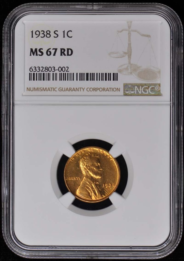 1938-S NGC MS67RD Lincoln Cent Uncirculated Wheat Reverse Coin: 1938-S NGC MS67RD Lincoln Cent Uncirculated Wheat Reverse Coin This 1938-S Wheat Reverse Lincoln Cent is a remarkable example of numismatic craftsmanship, certified by NGC with a grade of MS67RD.