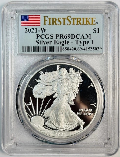 2021 Proof Silver Dollar PCGS PR69 DCAM Type 1 First Strike: 2021 Proof Silver Dollar PCGS PR69 DCAM Type 1 First Strike This 2021 W Silver Eagle is a proof dollar coin from the United States Mint at West Point, featuring the Type 1 design. Graded PR-69 Deep Ca