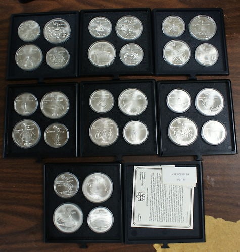 28 Coin Sterling Silver Set 1976 Montreal Olympic $5 and $10 Canada BU: 28 Coin Sterling Silver Set 1976 Montreal Olympic $5 and $10 Canada BU This complete 1976 Canada $5 and $10 Montreal Olympics commemorative coin set includes 28 uncirculated coins, featuring 14 five d