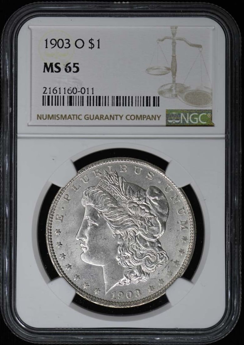 NGC MS65 1903 New Orleans Morgan Silver Dollar: NGC MS65 1903 New Orleans Morgan Silver Dollar This 1903-O Morgan Dollar is certified by NGC with a grade of MS65, indicating an uncirculated coin in excellent condition. Minted in New Orleans in 1903