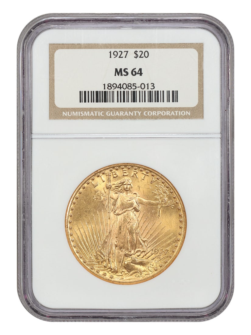 1927 Philadelphia Saint Gaudens $20 NGC MS64 Gold Coin: 1927 Philadelphia Saint Gaudens $20 NGC MS64 Gold Coin This 1927 St. Gaudens $20 gold coin is graded MS64 by NGC and remains uncirculated. Featuring the iconic design by Augustus Saint-Gaudens, this c