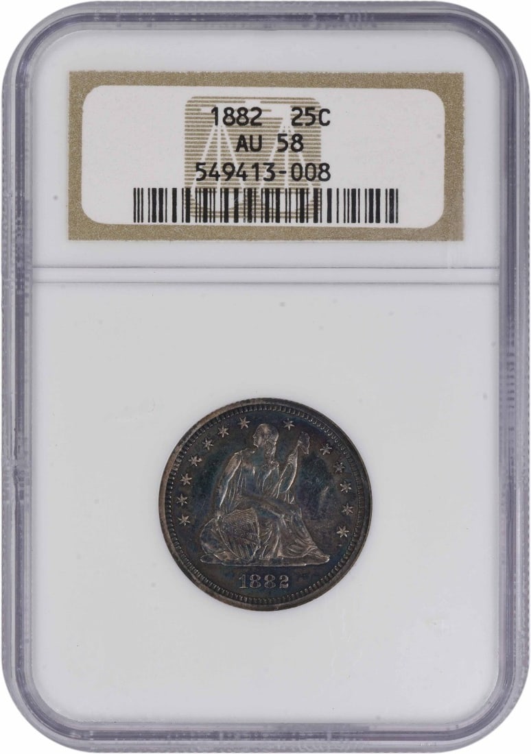1882 Liberty Seated Silver Quarter AU58 NGC Certified: 1882 Liberty Seated Silver Quarter AU58 NGC Certified This 1882 Liberty Seated Silver Quarter showcases a stunning design by Robert Ball Hughes and Christian Gobrecht. Struck at the Philadelphia Mint,