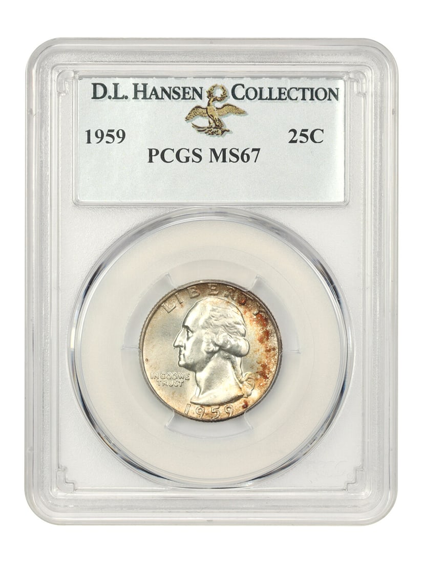 1959 Washington Quarter PCGS MS67 Burnt Sienna Toning: 1959 Washington Quarter PCGS MS67 Burnt Sienna Toning This 1959 Washington Quarter is certified by PCGS with a remarkable MS67 grade, indicating its uncirculated condition. It features a striking burn