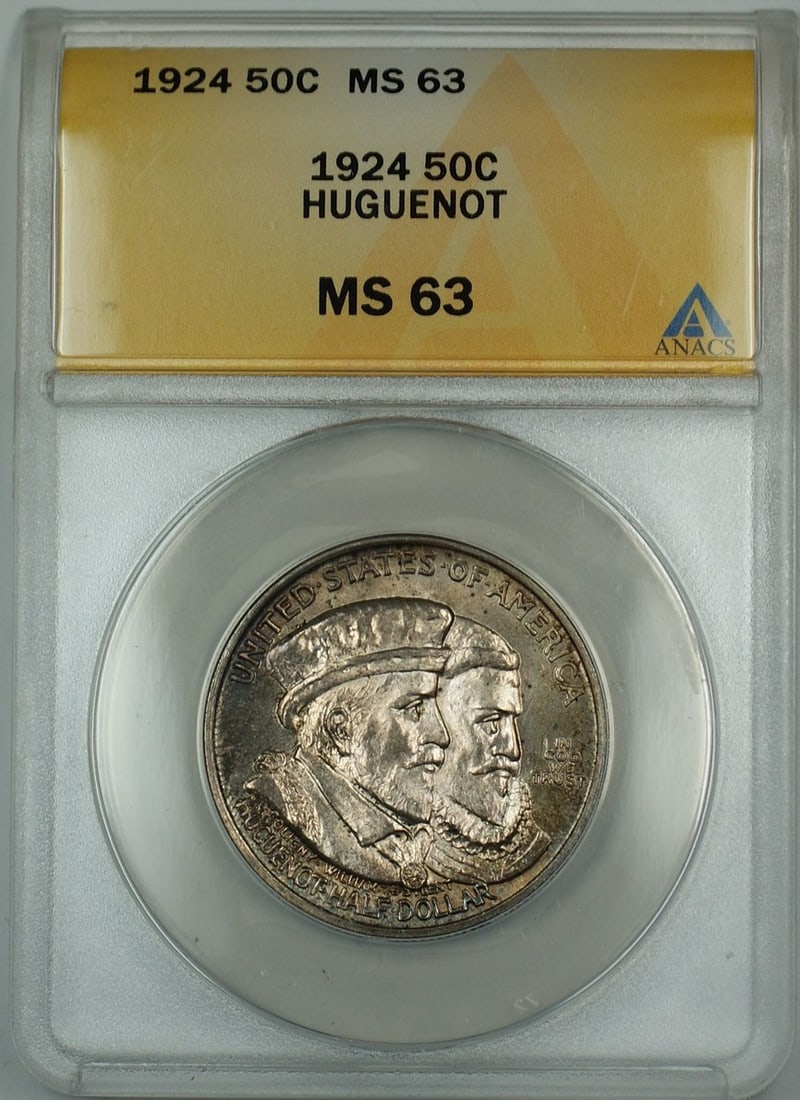 ANACS MS-63 Huguenot 1924 Silver Half Dollar Toned (1 of 2)